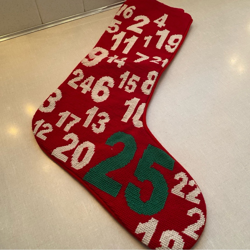 Dillards Jumbled Countdown to Christmas‎ Red Needlepoint Wool Cotton Stocking